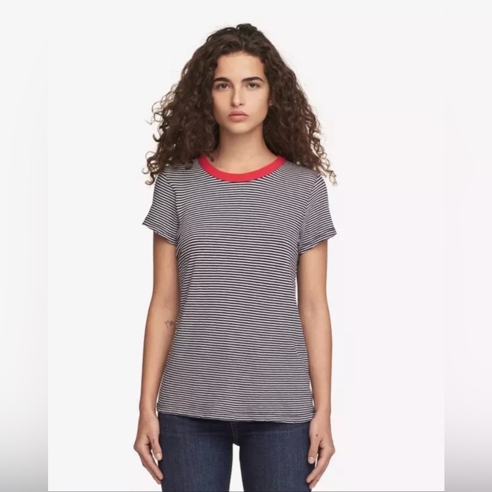Rag & Bone Striped Crew Neck T-Shirt in Navy and White with Pink. Size XS